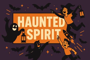 Haunted Spirit Banner. Haunted Spirit banner, flat vector illustration, bold oversized text inside rectangular frame, cartoon characters jumping and pointing