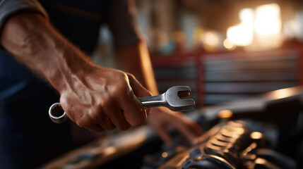 Auto mechanic's grease stained hands holding socket wrench working on exposed car engine various engine components visible in detail organized garage workspace with tool chests