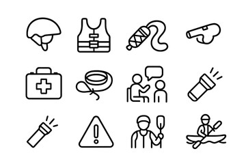 Rafting Safety Essentials. Rafting safety. Line icon set of Rafting safety: helmet, life jacket, throw bag, whistle, first aid kit, rescue rope, safety