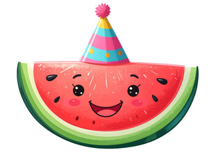  Watermelon Slice Kawaii Character with Party Hat, Transparent Background
