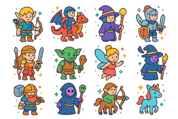 Fantasy Character Icons. Fantasy characters. Colorful isometric vector icons set of fantasy characters: elf, dragon rider, mage, knight, warrior princess,