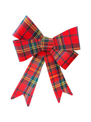 Large, festive tartan plaid bow with trailing ends, featuring red, green, blue, and yellow patterns. Perfectly isolated on transparent for Christmas and holiday concepts
