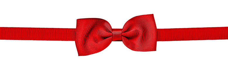 Bright red fabric bow centered on a horizontal ribbon strip, isolated on a transparent background. Perfect design element for Christmas, gifts, or elegant formal packaging