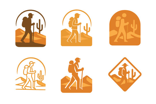 Desert Tourism Logos. Desert tourism and exploring arid landscapes. Set Logo of Desert tourism: desert explorer with backpack. harmonious logo variations of