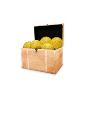 An open wooden treasure chest filled with shiny, gold glitter balls, resting on a reflective surface. Perfectly isolated on transparent for wealth, holiday gifts, or prize concepts