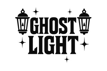 Ghost Light Design. Ghost Light ? Bold Block Lettering, stacked uppercase with chunky geometric serifs, heavy outline and flat 3D shading, framed with lantern