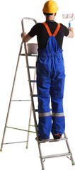 Painter standing on ladder with roller and bucket working with focus and precision. Concept of craftsmanship, safety, responsibility for renovation, and creative design visuals. Transparent background © Lustre Art Group 
