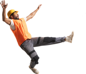 Construction worker falling with surprised expression wearing helmet and vest. Concept of risk prevention, responsibility for industrial training, and workplace education. Transparent background