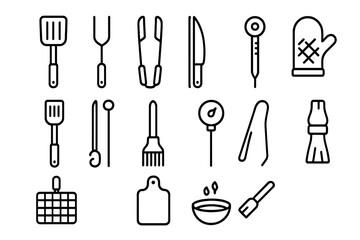 Grill Utensil Icons. Grill utensils. Line icon set of Grill utensils: spatula, fork, tongs, knife, basting brush, skewers, meat thermometer, grill glove, grill