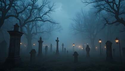 Eerie Cemetery at Twilight: An atmospheric view of a cemetery shrouded in mist at twilight, with rows of tombstones and bare trees silhouetted against a mysterious, moonlit sky.