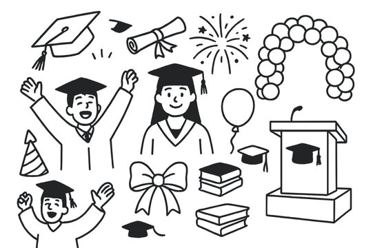 Graduation Celebration Icons. Graduation celebration. Hand-drawn doodle illustration celebrating a graduation with a cap toss cap in air, diploma case,