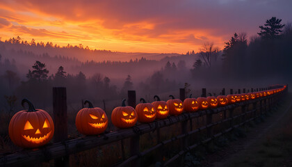 Halloween Pumpkin Path: A spooky display of carved pumpkins lines a weathered fence, their eerie glow illuminating a foggy landscape beneath a dramatic sunset sky, invoking the spirit of Halloween.