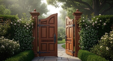 Enchanting wooden gate amidst a lush garden evokes a sense of tranquility