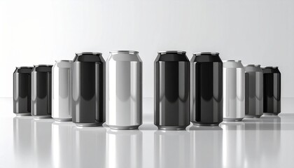 soda, cans, black, white, beverage, drink, aluminum, packaging, product, row, metal, stand, background, soft, big, small, size, object, monochrome, grayscale, cool, cold, refreshment, container, templ