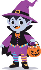 Adorable Halloween Witch Boy Cartoon Character with Pumpkin Basket, Spooky Costume, Playful Halloween Spirit, Kids Friendly Witch Illustration for Vector Content