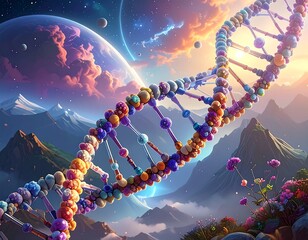 Artistic representation of a DNA strand set against a surreal landscape