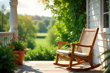 Rustic Cane Chair on Sun-Drenched Porch Overlooking Lush Green Summer Landscape Perfect for Relaxation and Summer Vibes