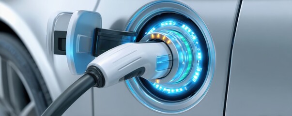Battery Technology Improvements concept. A close-up of an electric vehicle charging port, featuring a bright blue illuminated connection, highlighting modern technology and sustainability.