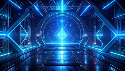 Futuristic, symmetrical corridor lit by blue neon, leading to an illuminated diamond shape, with reflective surfaces and mechanical details