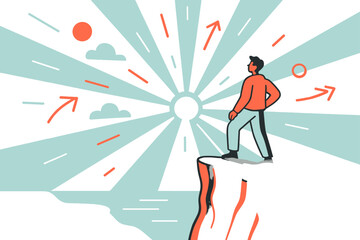 Dramatic Cliffside Perspective. Cliff-side views. A figure standing on the edge of a high cliff, gazing at the vast horizon with abstract rays spreading