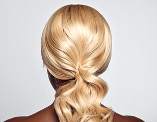 Naklejka premium Blond hair close-up as a background. Women's long blonde hair. Beautifully styled wav 