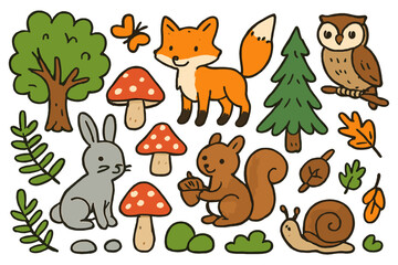 Fototapeta premium Woodland Animals and Plants. Woodland. Colorful Hand-drawn doodle Children illustration Trees, mushrooms, fox, rabbit, squirrel, owl, leaf, fern, acorn, snail,