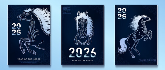 Set of Holiday posters with ornate hand drawn Asian horses for 2026 Lunar New Year. Horse as Chinese traditional horoscope sign on blue gradient background. Minimalist A4 greeting cards for Christmas