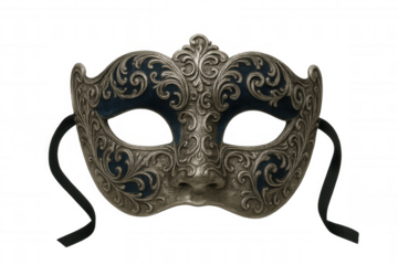 Venetian carnival mask with ornate silver and dark blue velvet details, representing mystery and elegance, transparent background
