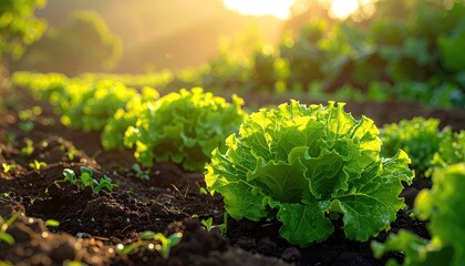 Sunlight illuminates rows of vibrant green lettuce growing in a cultivated garden field with water droplets on leaves and soft bokeh background