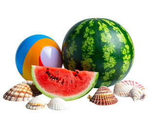 Whole Watermelon with Beach Ball and Seashells, Side Angle, Transparent Background