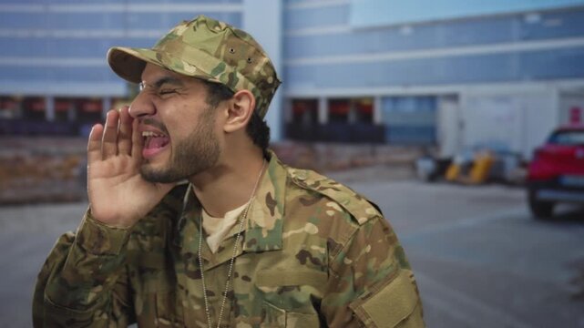 Man in camouflage uniform cups hand to mouth at building construction site with excavator nearby; determination.