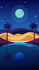 Stylized desert oasis at night with palm trees and a full moon reflecting in the water