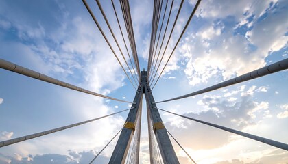 Low-angle shot of a suspension bridge with its cables converging towards the center, set against a partially cloudy sky at sunset