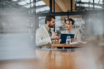 Coworkers conversing while reviewing information during a business meeting in a stylish workplace