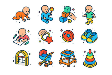 Motor Skills Icons. Motor skills. Colorful isometric vector icons set of motor skills: crawling baby, baby holding rattle, stacking blocks, walking toddler,