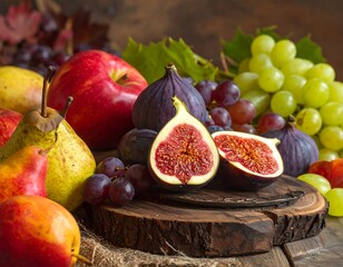 Assortment of fresh fruits arranged on wooden serving boards