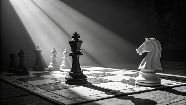 The strategy board game of chess is a battle of pieces where the king and queen maneuver on a wood chessboard for the win