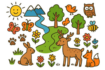 Fototapeta premium Colorful Nature Doodle. Green Corridors. Colorful Hand-drawn doodle Children illustration Tree, grass, butterfly, bird, rabbit, deer, fox, paw prints, flowers,