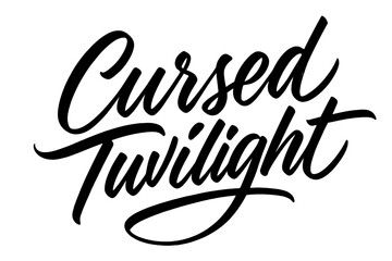 Naklejka premium Cursed Twilight Script. Cursed Twilight ? Script Hand-Lettering, brush-inspired flowing curves, semi-cursive thin connectors, tilted diagonal layout,