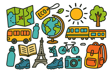 Naklejka premium Cultural Travel Icons. Cultural Travel. Colorful Hand-drawn doodle Children illustration Globe, map, eco tag, bus, train, bicycle, reusable bottle, walking
