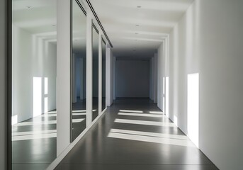 Modern architectural corridor with sleek mirrors and stark light patterns