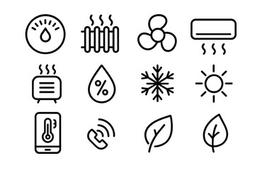 Fototapeta premium Smart Climate Icons. Smart climate control. Line icon set of smart climate control: thermostat, radiator, fan, air conditioner, heater, humidity sensor,