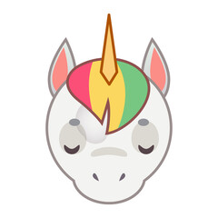 Pixel Art Unicorn Face with Closed Eyes and Rainbow Mane on Transparent Background with Subtle Lighting