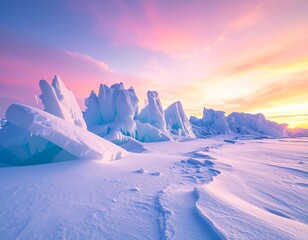 Surreal arctic ice landscape at pastel sunrise with dramatic frozen formations