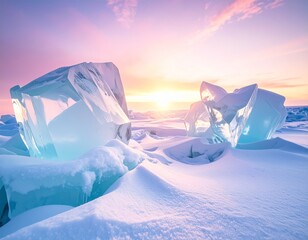 Surreal arctic ice landscape at pastel sunrise with dramatic frozen formations