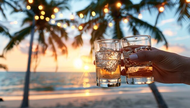 Joyful friends celebrating with clinking glasses at an outdoor dinner party under string lights - Powered by Adobe
