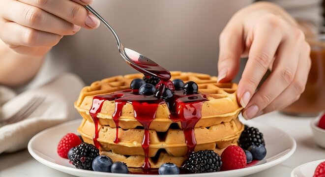 Close-up on waffles being drizzled with syrup and topped with mixed berries - Powered by Adobe