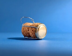 Close-up of a champagne cork with wire cage on a blue background, casting a shadow.