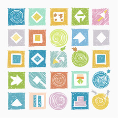 Crayon pencil hand drawn chalk doodles elements. Vector illustrations set. Pastel textured scribbles. Square, spiral, arrow elements and icons.