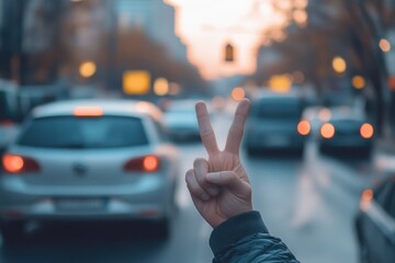 Hand making peace sign amidst busy city traffic during sunset on a street